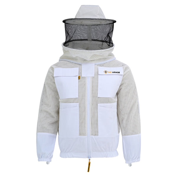 3 Layer Beekeeping Jacket with Rounded Veil - White