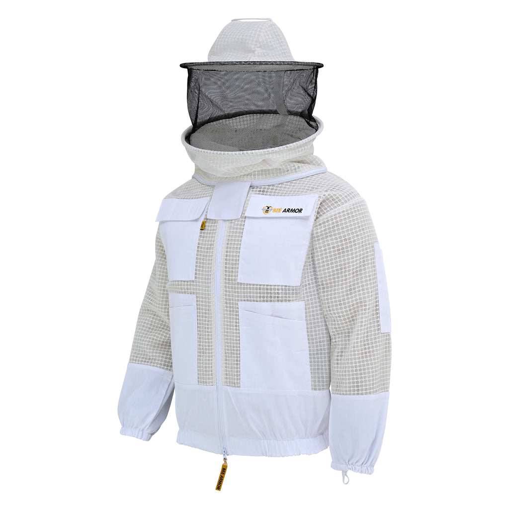 3 Layer Beekeeping Jacket with Rounded Veil - White